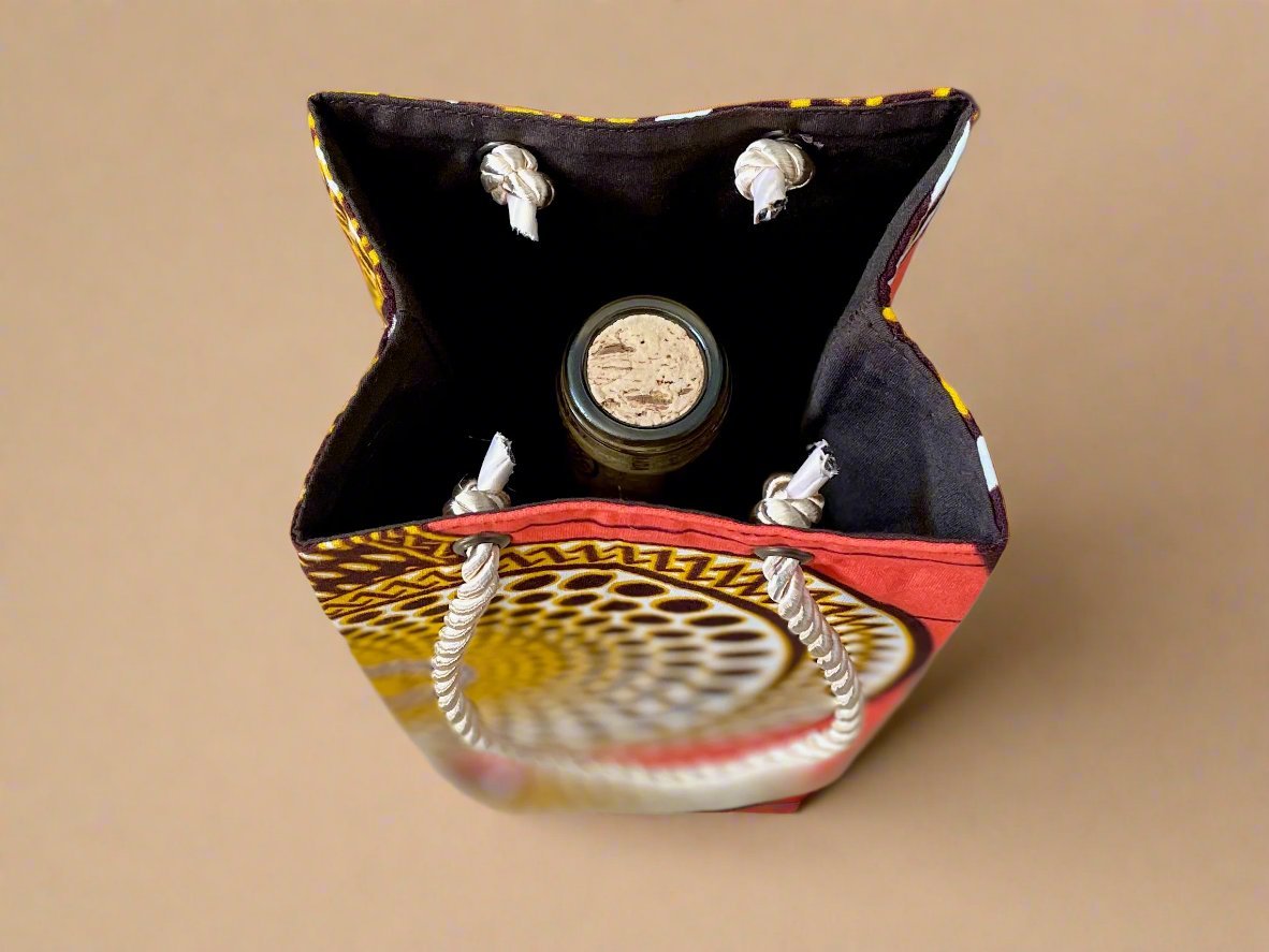 Ethnic, Fabric, Patterned, Handmade Orange, Dark Brown, Cream, and Gold Wine Gift Bag - Gezia Accents