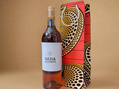 Ethnic, Fabric, Patterned, Handmade Orange, Dark Brown, Cream, and Gold Wine Gift Bag - Gezia Accents
