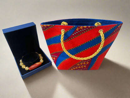 Ethnic, Fabric, Patterned, Handmade Orange, Maroon, Blue and Gold Mini Tote - Gezia Accents