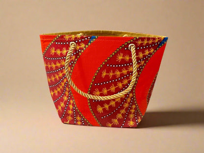 Ethnic, Fabric, Patterned, Handmade Orange, Maroon, Blue and Gold Mini Tote - Gezia Accents
