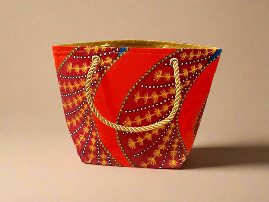 Ethnic, Fabric, Patterned, Handmade Orange, Maroon, Blue and Gold Mini Tote - Gezia Accents