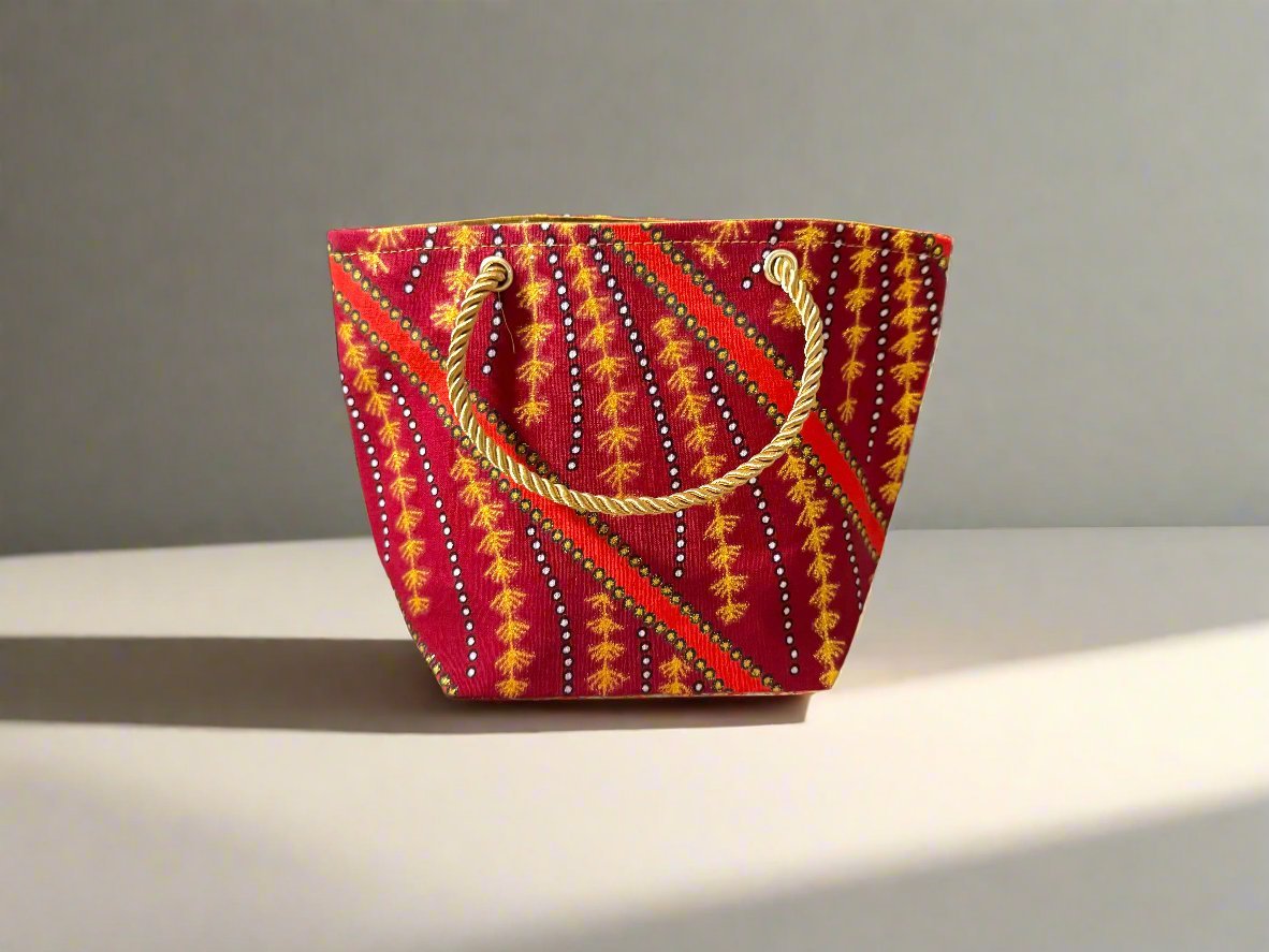 Ethnic, Fabric, Patterned, Handmade Orange, Maroon, Blue and Gold Mini Tote - Gezia Accents