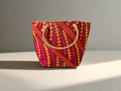 Ethnic, Fabric, Patterned, Handmade Orange, Maroon, Blue and Gold Mini Tote - Gezia Accents