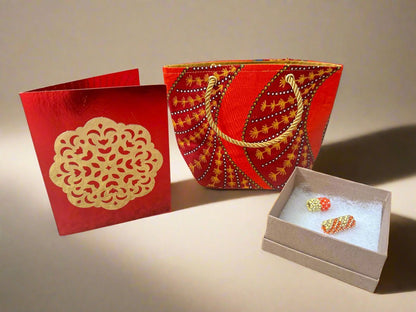 Ethnic, Fabric, Patterned, Handmade Orange, Maroon, Blue and Gold Mini Tote - Gezia Accents