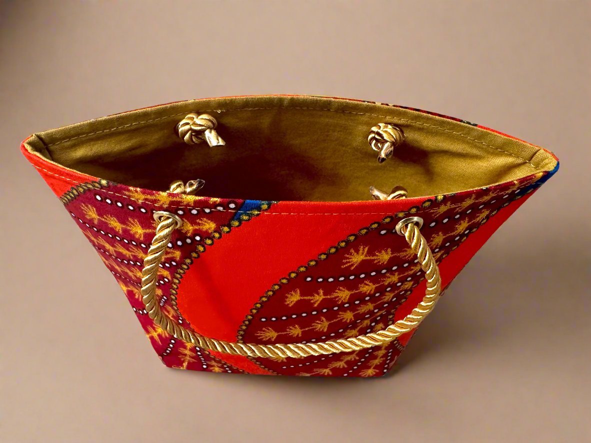 Ethnic, Fabric, Patterned, Handmade Orange, Maroon, Blue and Gold Mini Tote - Gezia Accents