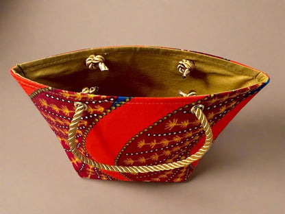 Ethnic, Fabric, Patterned, Handmade Orange, Maroon, Blue and Gold Mini Tote - Gezia Accents