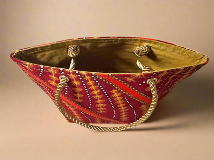 Ethnic, Fabric, Patterned, Handmade Orange, Maroon, Blue and Gold Mini Tote - Gezia Accents