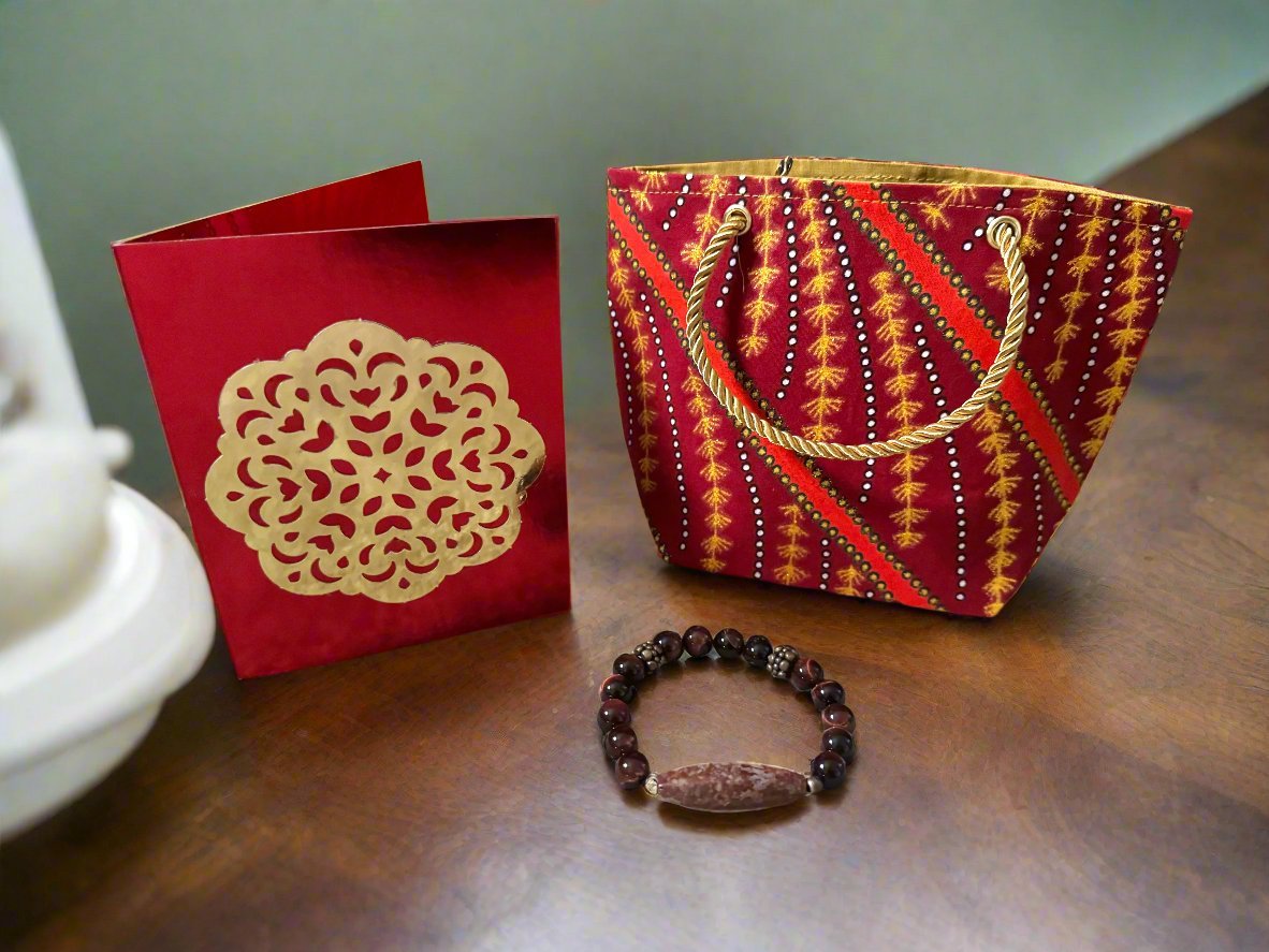 Ethnic, Fabric, Patterned, Handmade Orange, Maroon, Blue and Gold Mini Tote - Gezia Accents