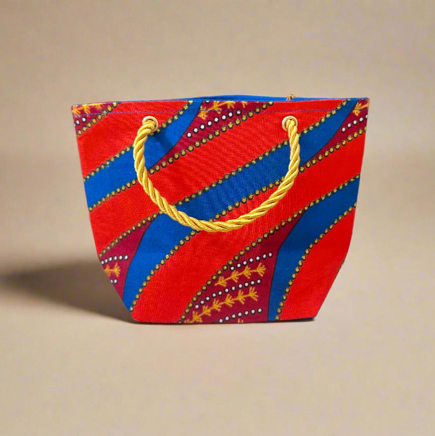 Ethnic, Fabric, Patterned, Handmade Orange, Maroon, Blue and Gold Mini Tote - Gezia Accents