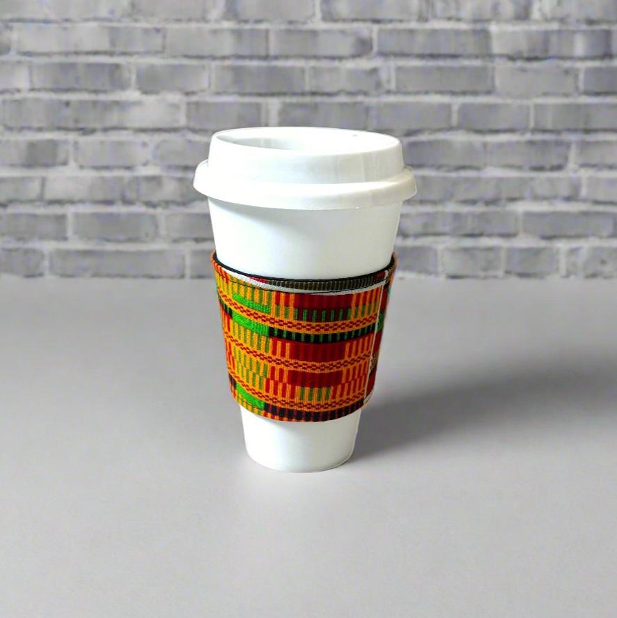 Ethnic, Fabric, Patterned, Handmade Orange, Red, Black, Green, White, and Yellow Cup Sleeve - Gezia Accents