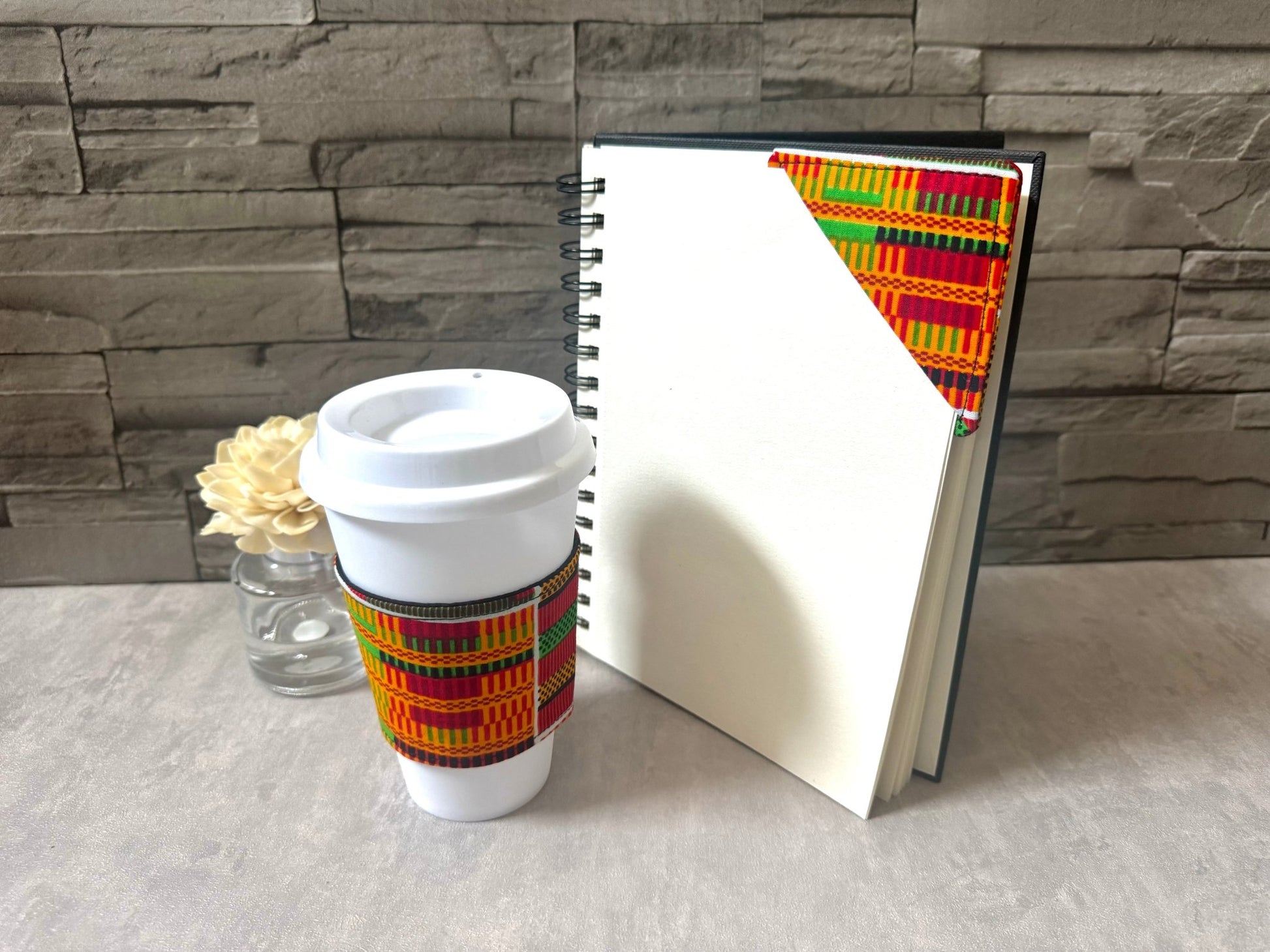 Ethnic, Fabric, Patterned, Handmade Orange, Red, Black, Green, White, and Yellow Cup Sleeve - Gezia Accents