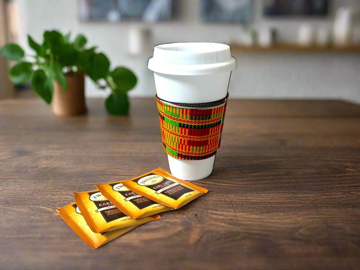 Ethnic, Fabric, Patterned, Handmade Orange, Red, Black, Green, White, and Yellow Cup Sleeve - Gezia Accents