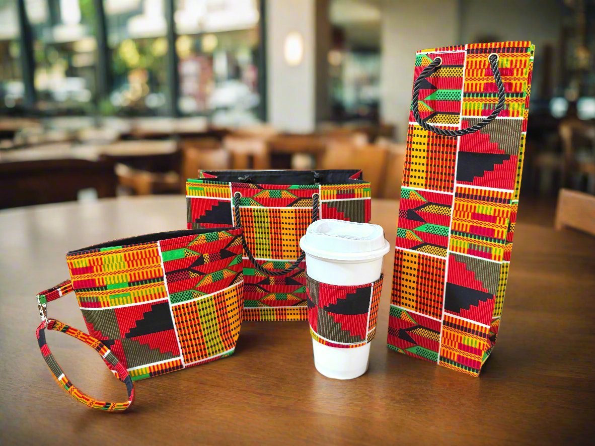 Ethnic, Fabric, Patterned, Handmade Orange, Yellow, Green, Black, White, and Red Mini Tote - Gezia Accents