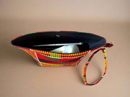 Ethnic, Fabric, Patterned, Handmade Orange, Yellow, Green, Black, White, and Red Mini Tote - Gezia Accents