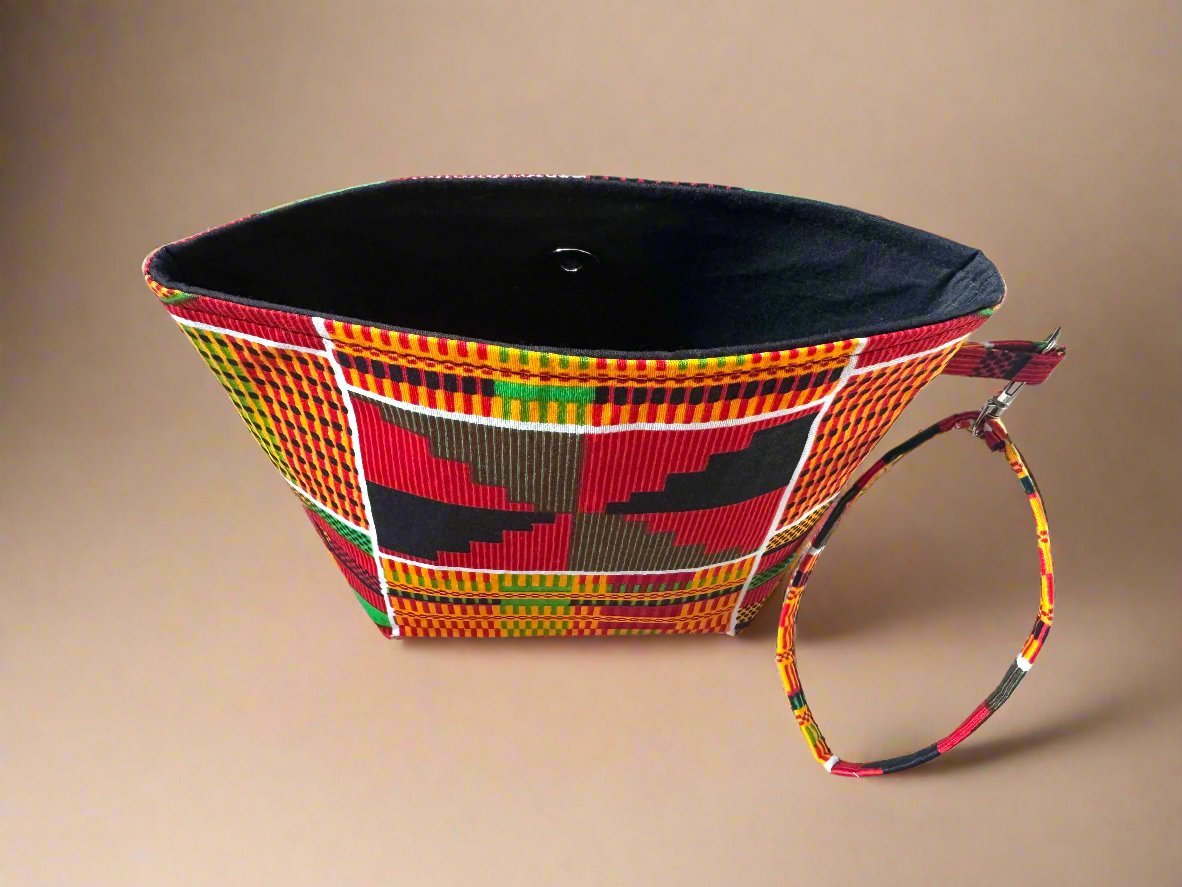 Ethnic, Fabric, Patterned, Handmade Orange, Yellow, Green, Black, White, and Red Mini Tote - Gezia Accents