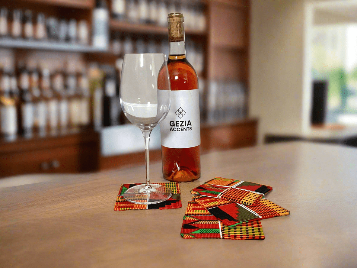 Ethnic, Fabric, Patterned, Handmade Orange, Yellow, Red, Black, and White Coasters - Gezia Accents