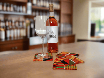 Ethnic, Fabric, Patterned, Handmade Orange, Yellow, Red, Black, and White Coasters - Gezia Accents