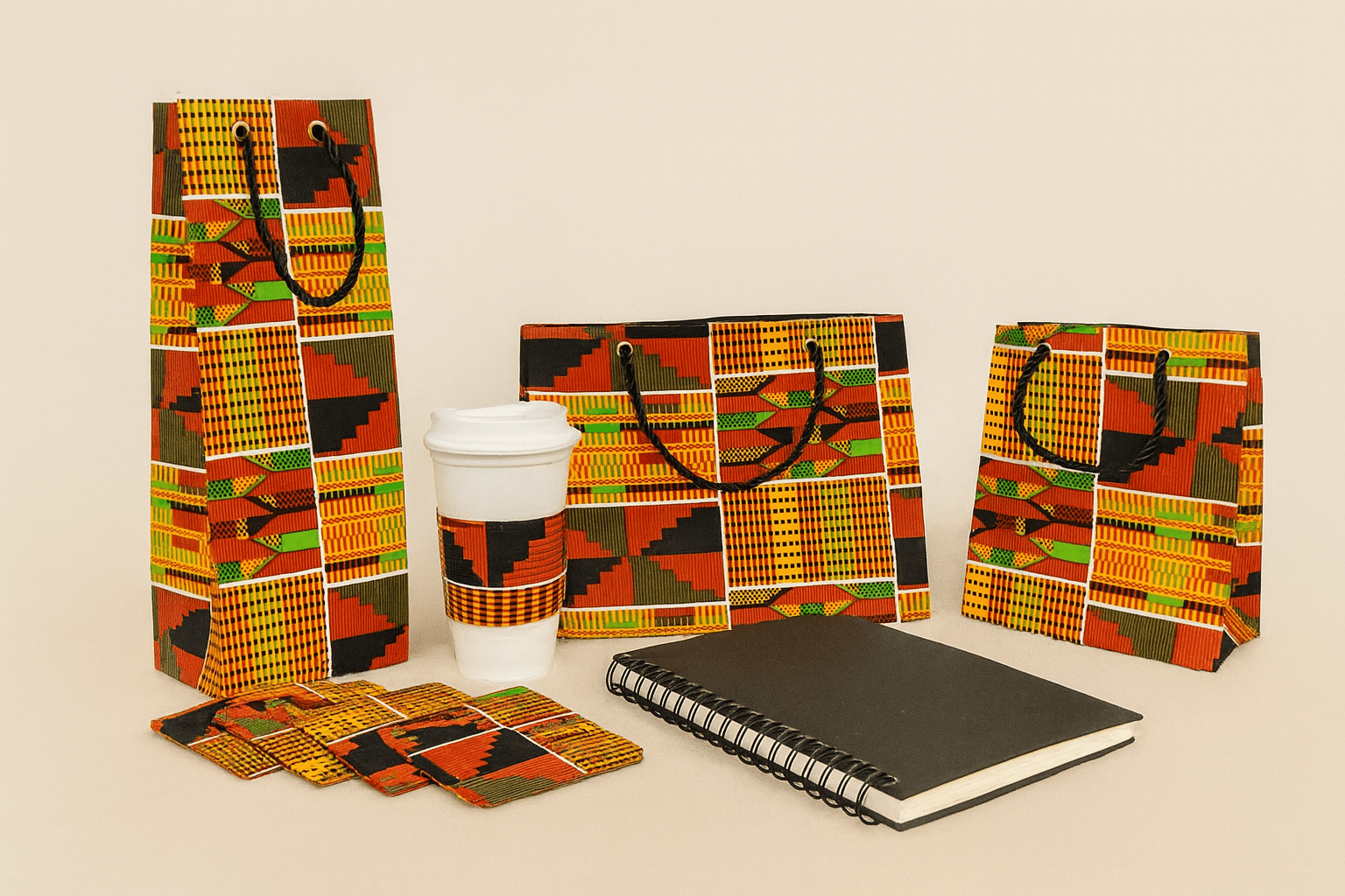 Ethnic, Fabric, Patterned, Handmade Orange, Yellow, Red, Black, and White Coasters - Gezia Accents