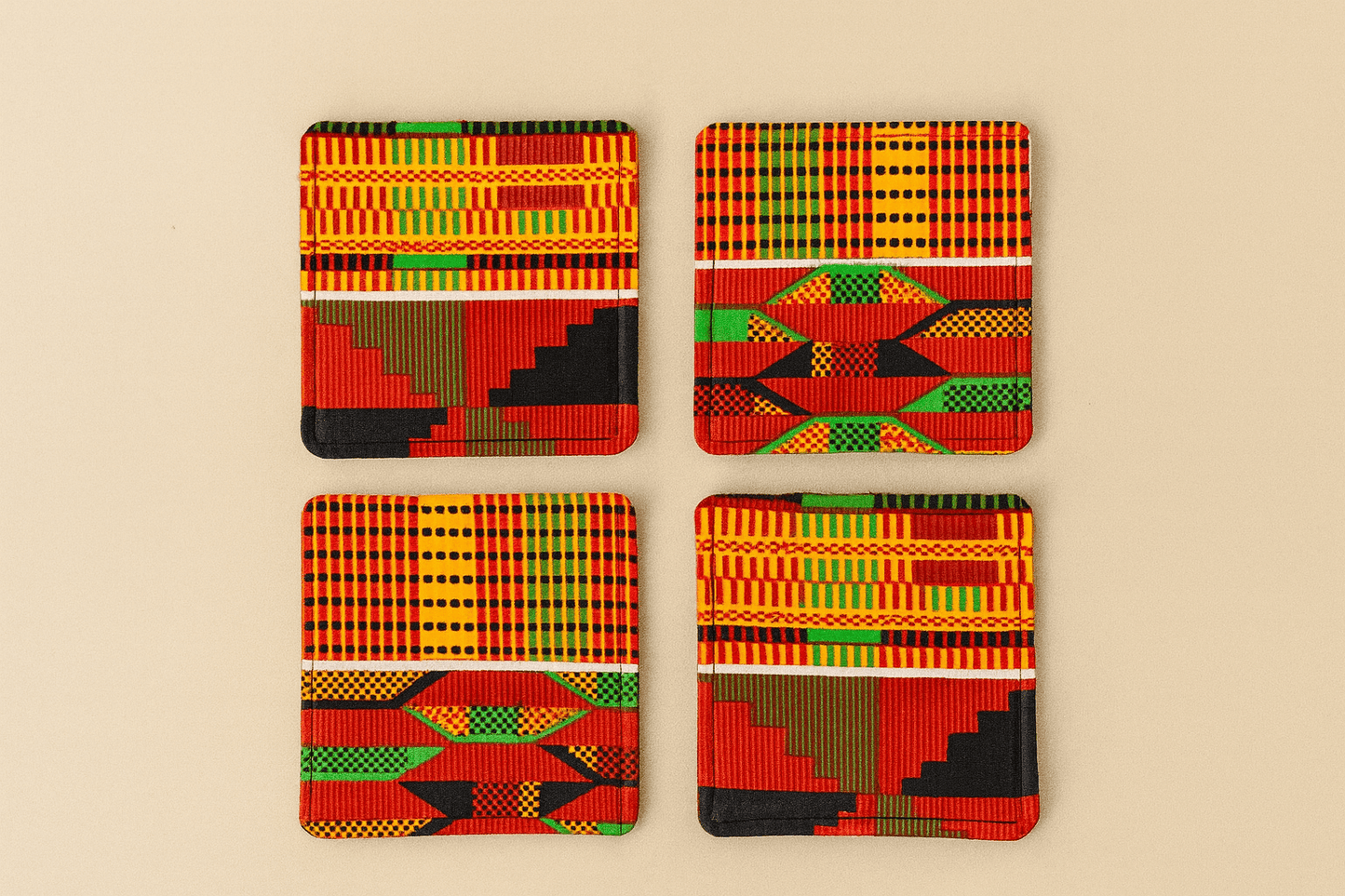 Ethnic, Fabric, Patterned, Handmade Orange, Yellow, Red, Black, and White Coasters - Gezia Accents