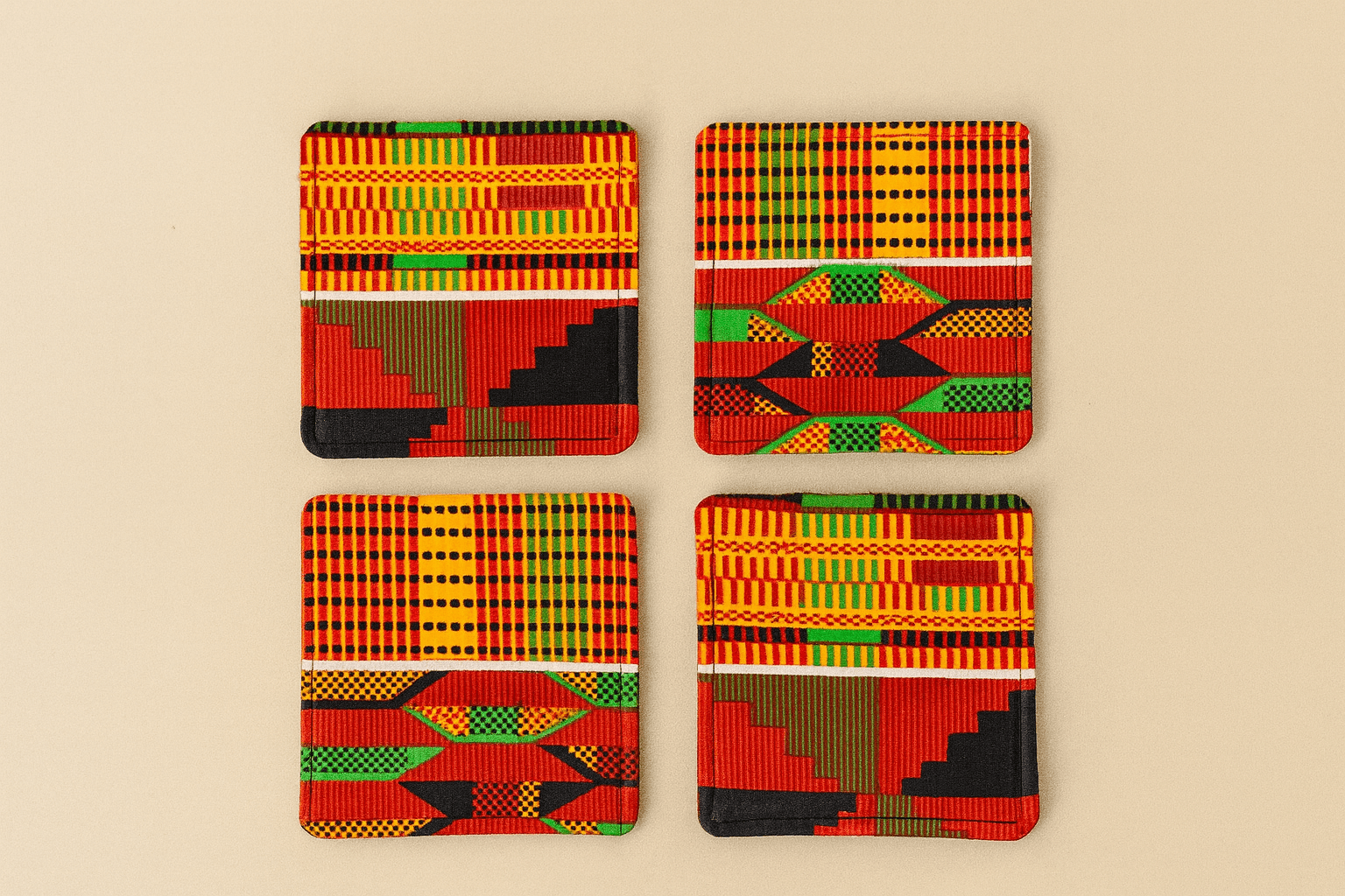Ethnic, Fabric, Patterned, Handmade Orange, Yellow, Red, Black, and White Coasters - Gezia Accents