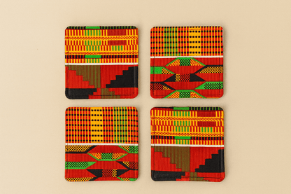 Ethnic, Fabric, Patterned, Handmade Orange, Yellow, Red, Black, and White Coasters - Gezia Accents