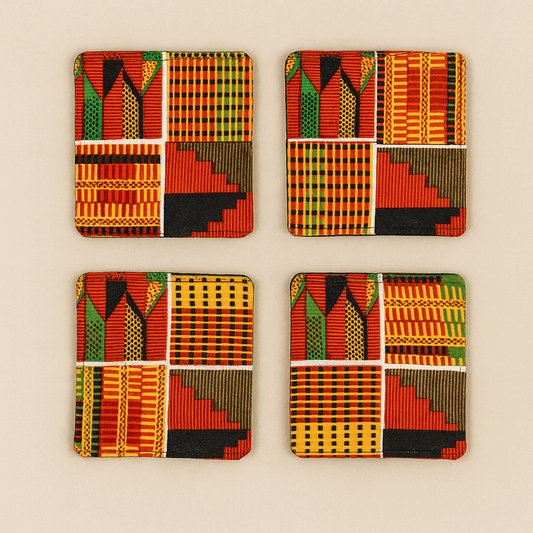 Ethnic, Fabric, Patterned, Handmade Orange, Yellow, Red, Black, and White Coasters - Gezia Accents