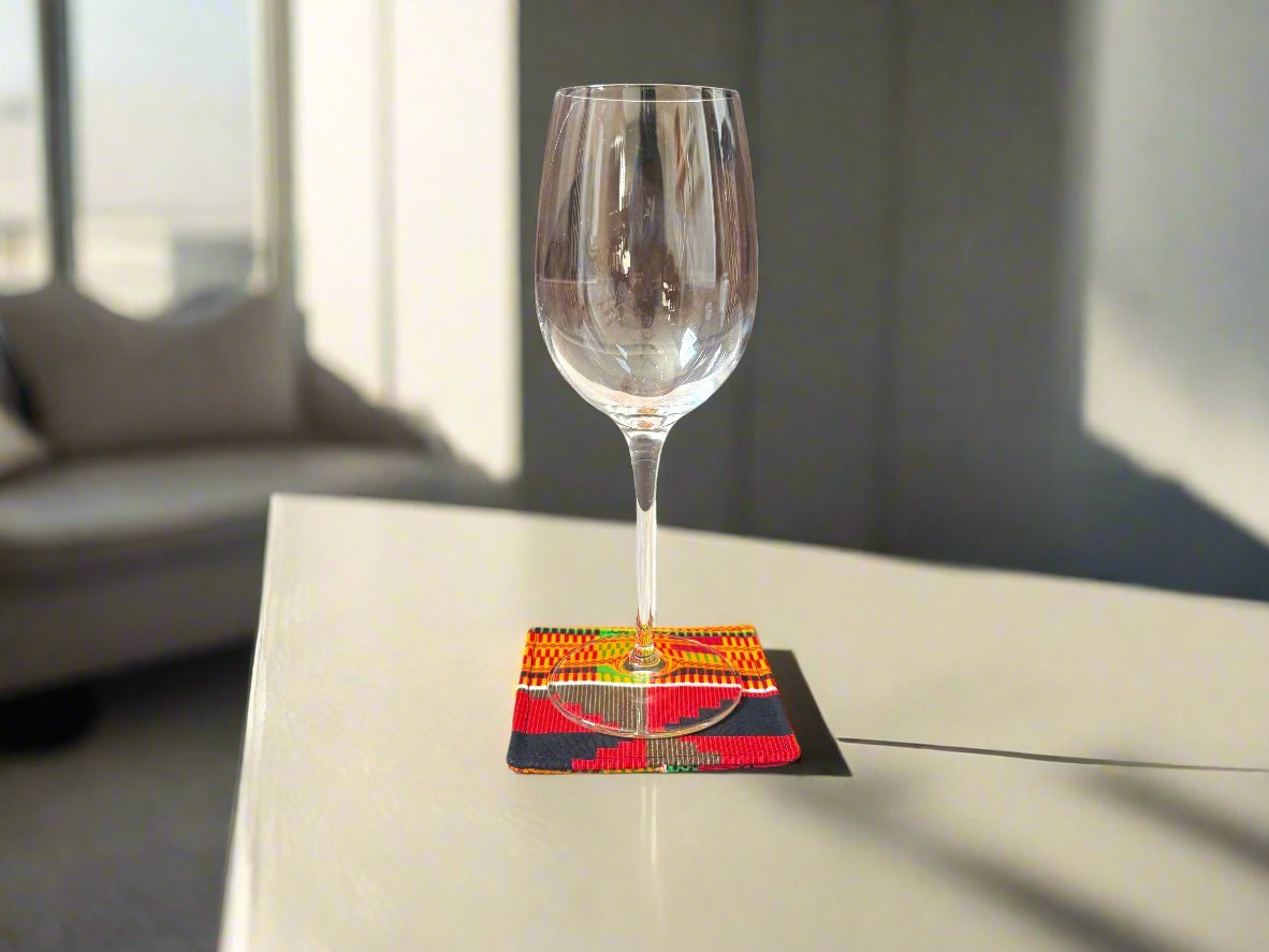 Ethnic, Fabric, Patterned, Handmade Orange, Yellow, Red, Black, and White Coasters - Gezia Accents