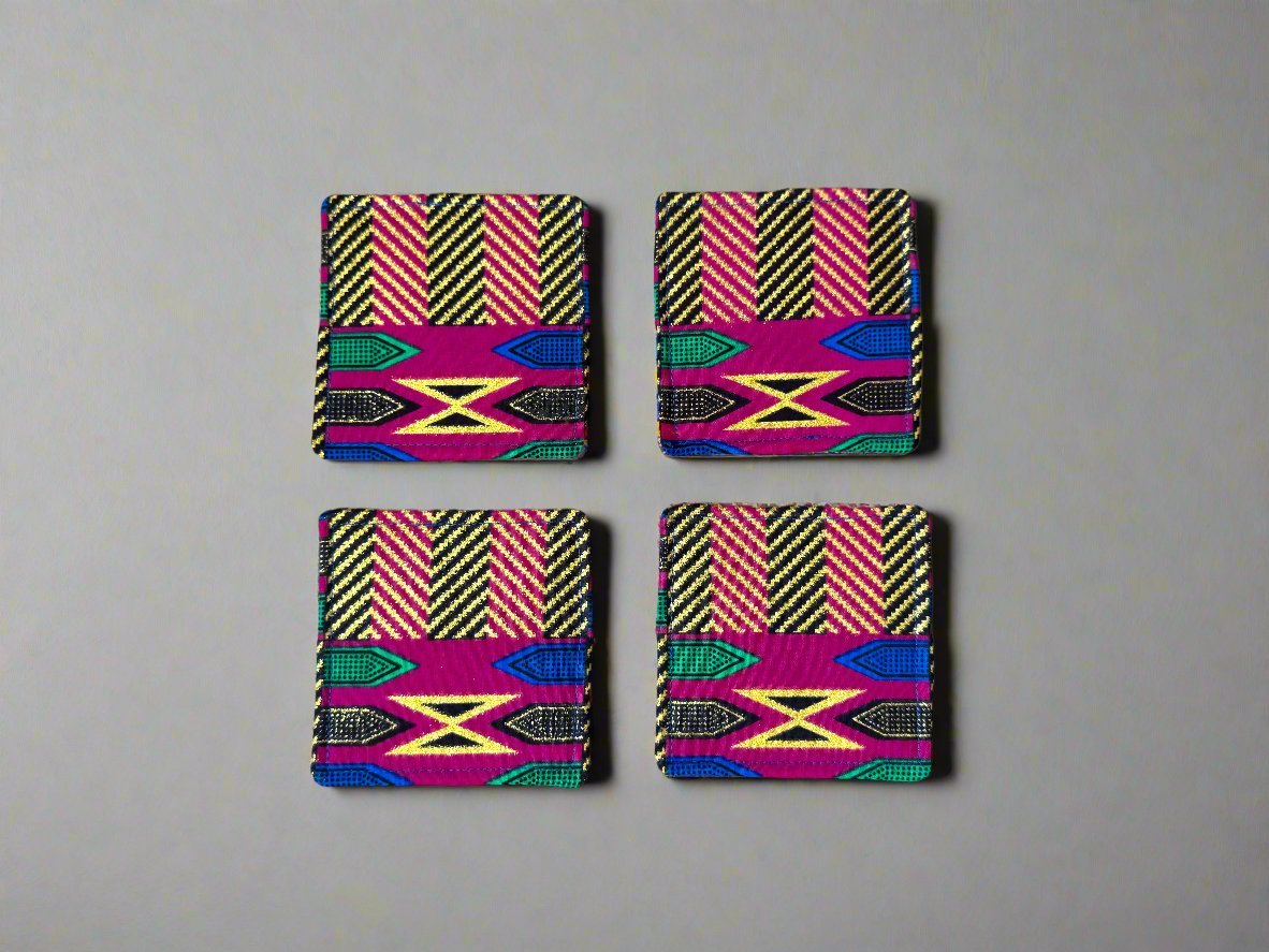 Ethnic, Fabric, Patterned, Handmade Pink, Green, Blue, Brown and Gold Coasters - Gezia Accents