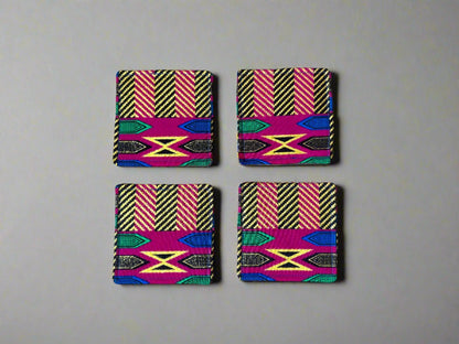 Ethnic, Fabric, Patterned, Handmade Pink, Green, Blue, Brown and Gold Coasters - Gezia Accents