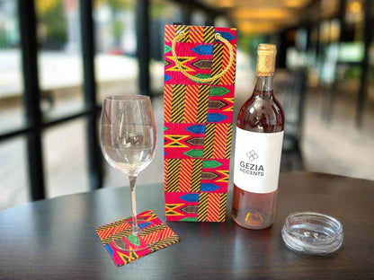 Ethnic, Fabric, Patterned, Handmade Pink, Green, Blue, Brown and Gold Coasters - Gezia Accents