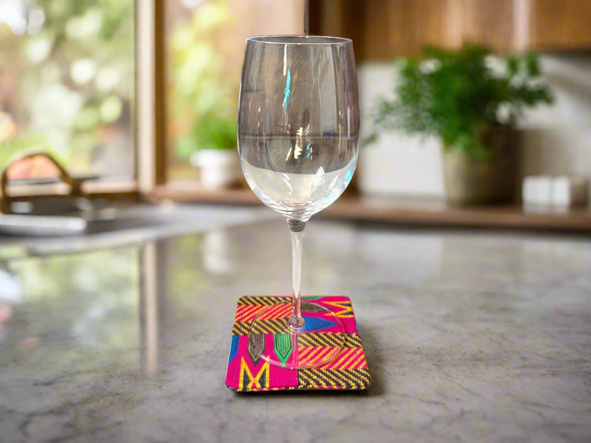 Ethnic, Fabric, Patterned, Handmade Pink, Green, Blue, Brown and Gold Coasters - Gezia Accents