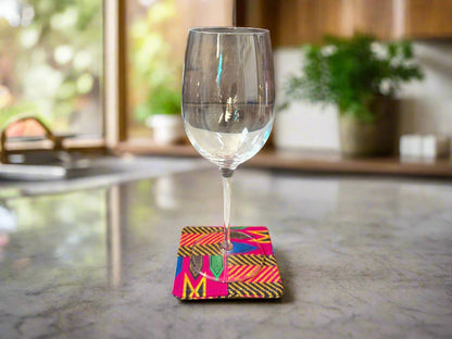 Ethnic, Fabric, Patterned, Handmade Pink, Green, Blue, Brown and Gold Coasters - Gezia Accents