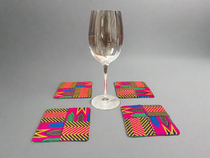 Ethnic, Fabric, Patterned, Handmade Pink, Green, Blue, Brown and Gold Coasters - Gezia Accents