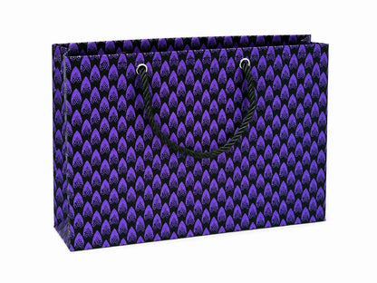 Purple and black patterned gift bag on a white background