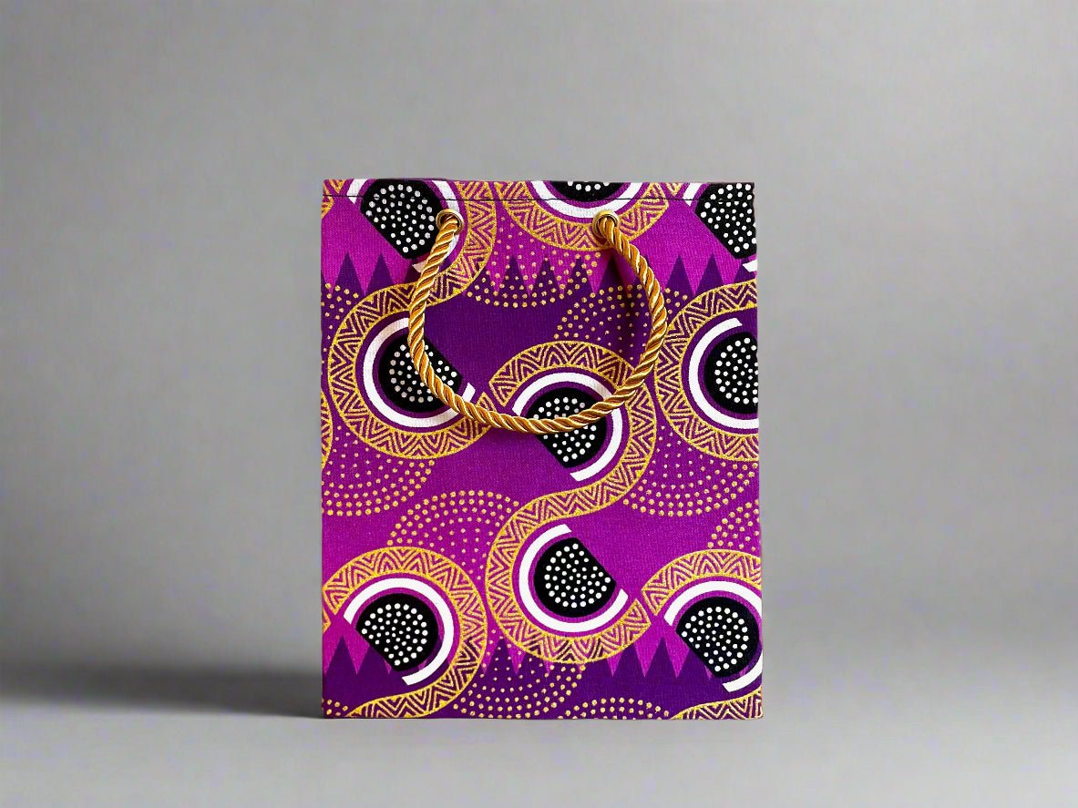 Ethnic, Fabric, Patterned, Handmade Purple, Black, White and Gold Extra Small Bag - Gezia Accents