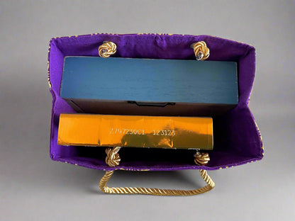 Ethnic, Fabric, Patterned, Handmade Purple, Black, White and Gold Extra Small Bag - Gezia Accents