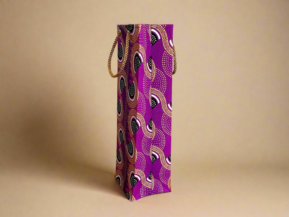 Ethnic, Fabric, Patterned, Handmade Purple, Black, White, and Gold Wine Gift Bag - Gezia Accents