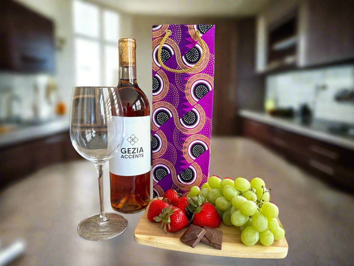 Ethnic, Fabric, Patterned, Handmade Purple, Black, White, and Gold Wine Gift Bag - Gezia Accents