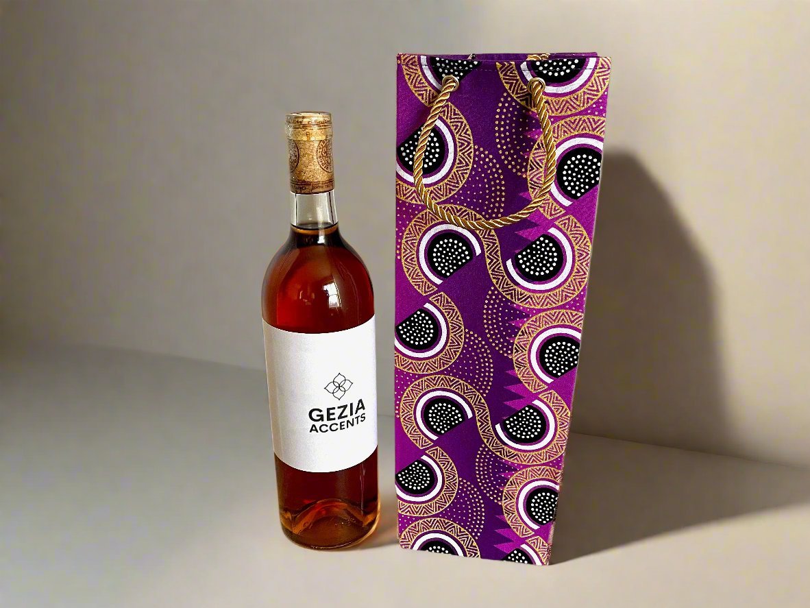 Ethnic, Fabric, Patterned, Handmade Purple, Black, White, and Gold Wine Gift Bag - Gezia Accents