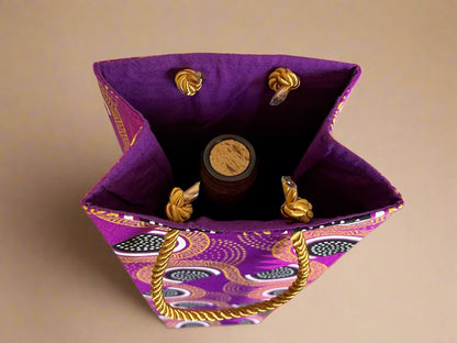 Ethnic, Fabric, Patterned, Handmade Purple, Black, White, and Gold Wine Gift Bag - Gezia Accents