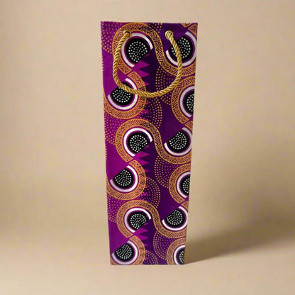 Ethnic, Fabric, Patterned, Handmade Purple, Black, White, and Gold Wine Gift Bag - Gezia Accents