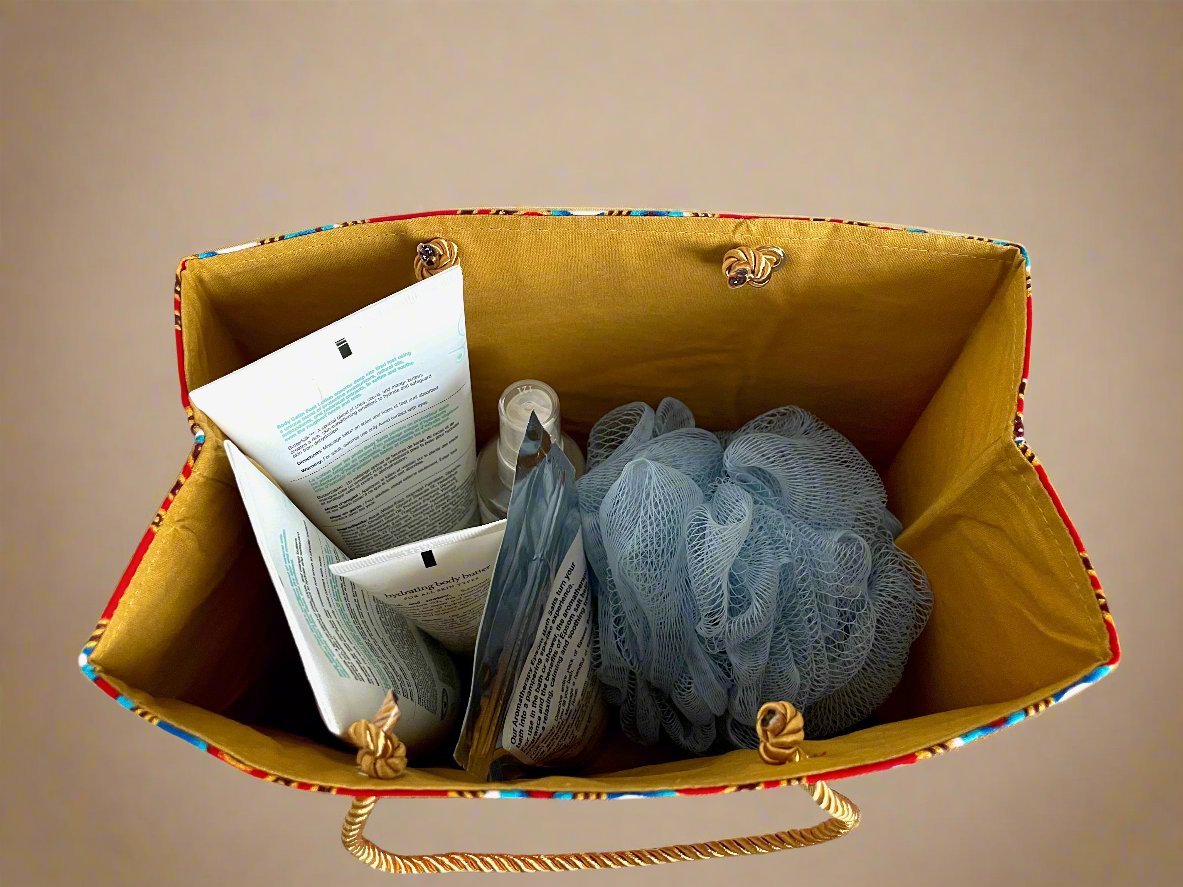 Ethnic, Fabric, Patterned, Handmade Red, Blue, Turquoise, and Gold Small Wardrobe Bag - Gezia Accents