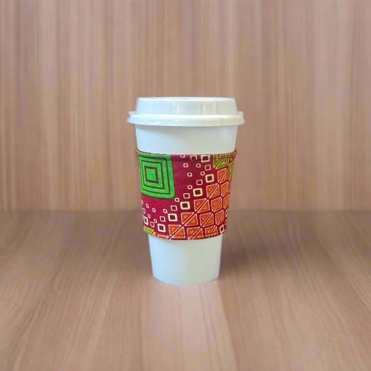 Ethnic, Fabric, Patterned, Handmade Red, Orange, Green and Yellow Cup Sleeve - Gezia Accents