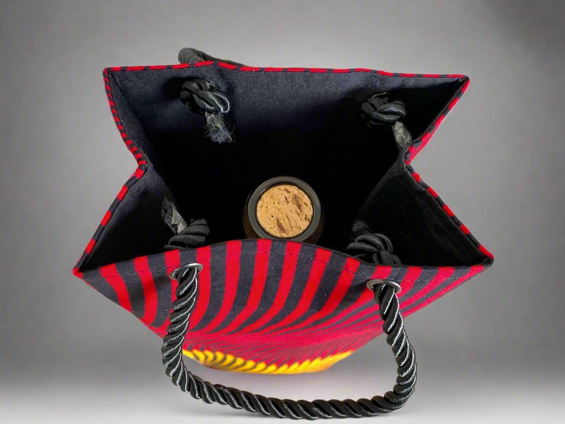Ethnic, Fabric, Patterned, Handmade Red, Yellow, and Black Wine Gift Bag - Gezia Accents
