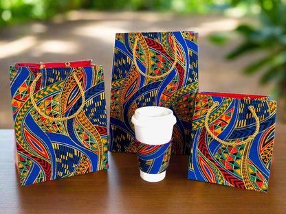 Ethnic, Fabric, Patterned, Handmade Royal Blue, Green, Red and Gold Cup Sleeve - Gezia Accents