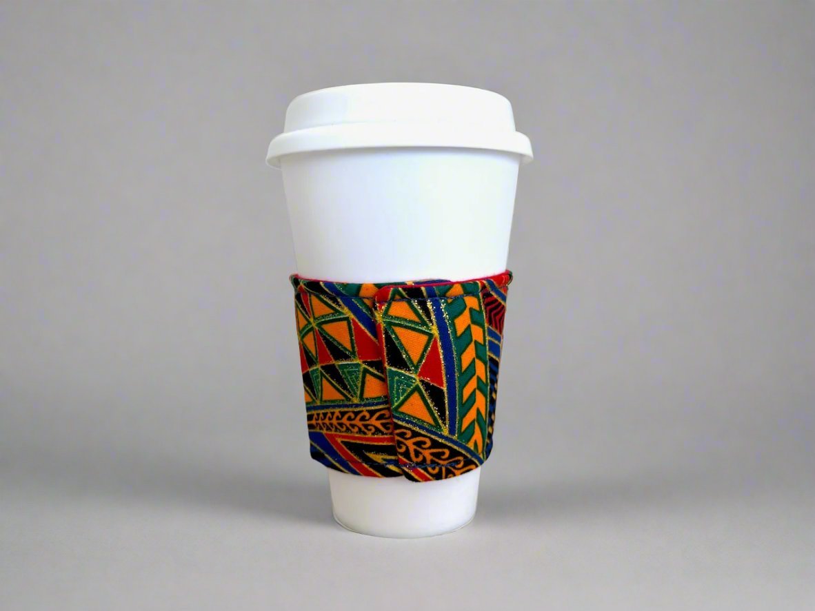 Ethnic, Fabric, Patterned, Handmade Royal Blue, Green, Red and Gold Cup Sleeve - Gezia Accents