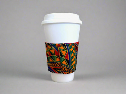 Ethnic, Fabric, Patterned, Handmade Royal Blue, Green, Red and Gold Cup Sleeve - Gezia Accents