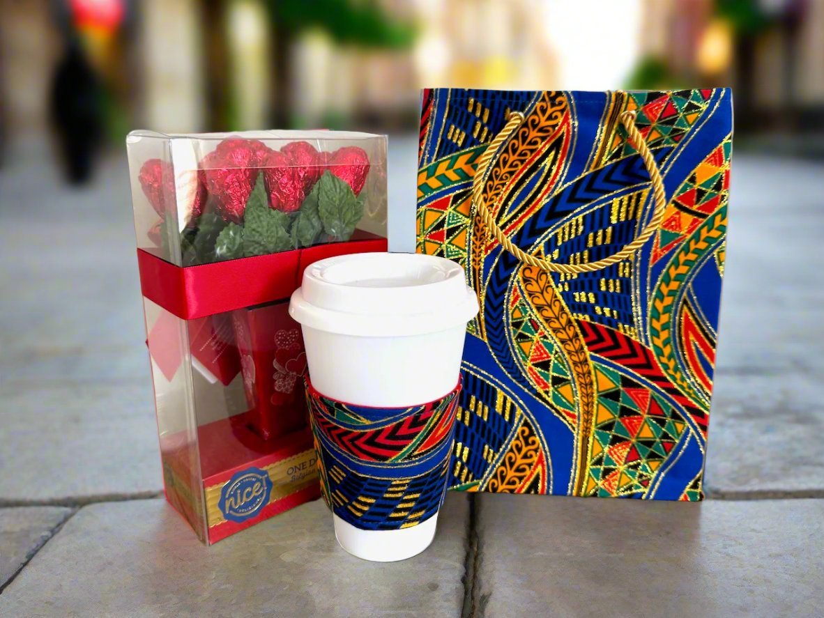 Ethnic, Fabric, Patterned, Handmade Royal Blue, Green, Red and Gold Cup Sleeve - Gezia Accents