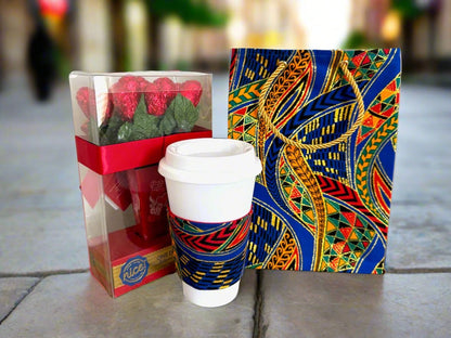 Ethnic, Fabric, Patterned, Handmade Royal Blue, Green, Red and Gold Cup Sleeve - Gezia Accents