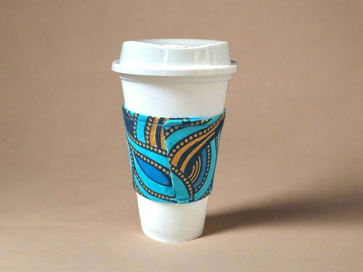 Ethnic, Fabric, Patterned, Handmade Turqoise, Blue and Gold Cup Sleeve - Gezia Accents